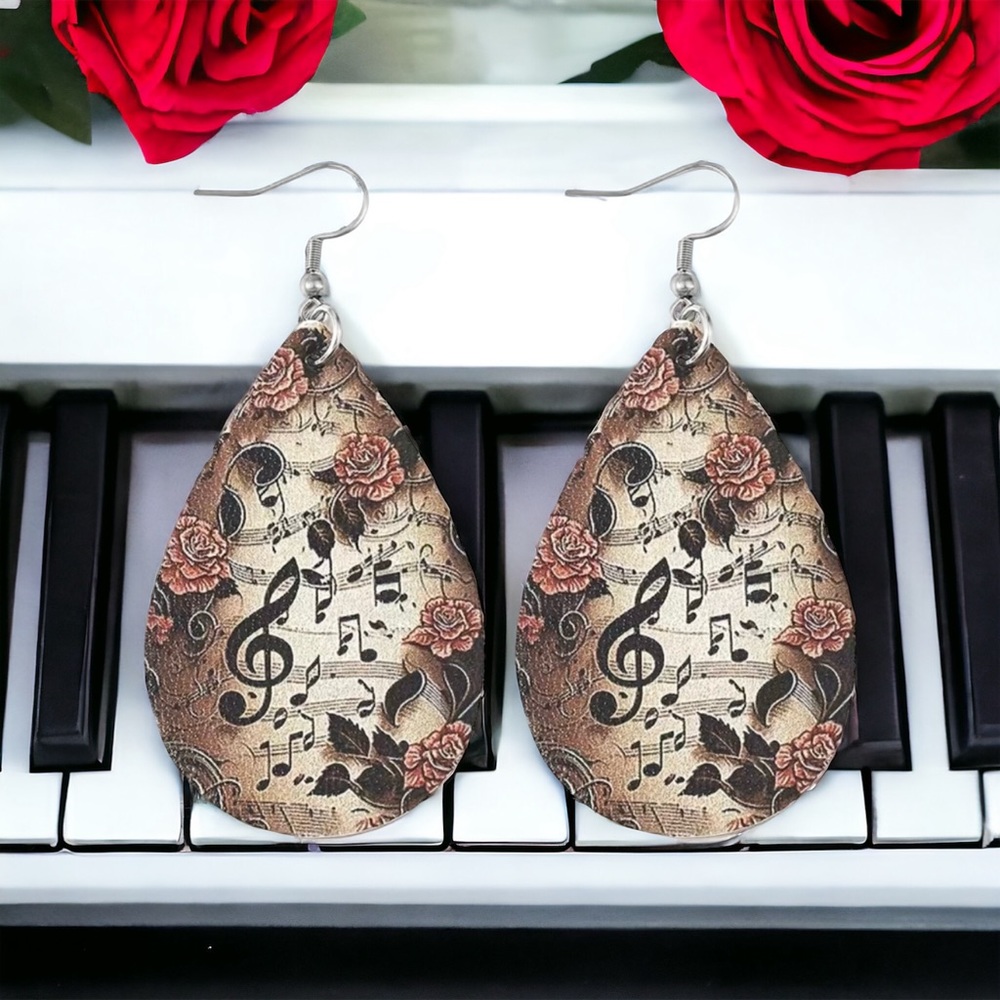 Musical Note‎ Rose Flower Pattern Teardrop Dangle Earrings Faux Leather